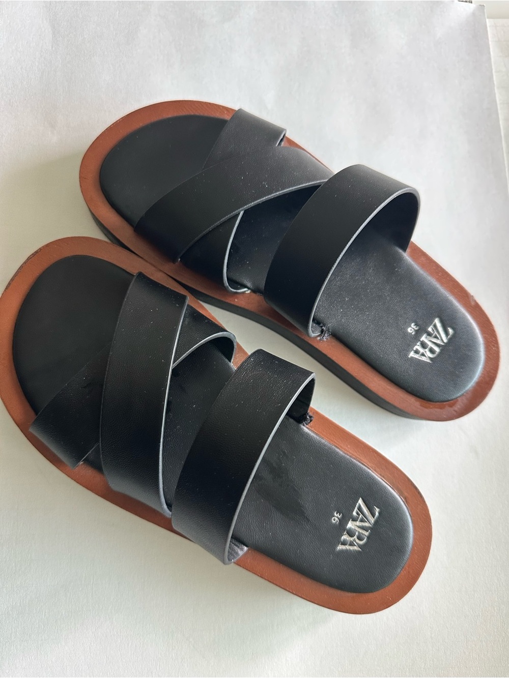 Zara Black Slide Sandals with Brown Trim